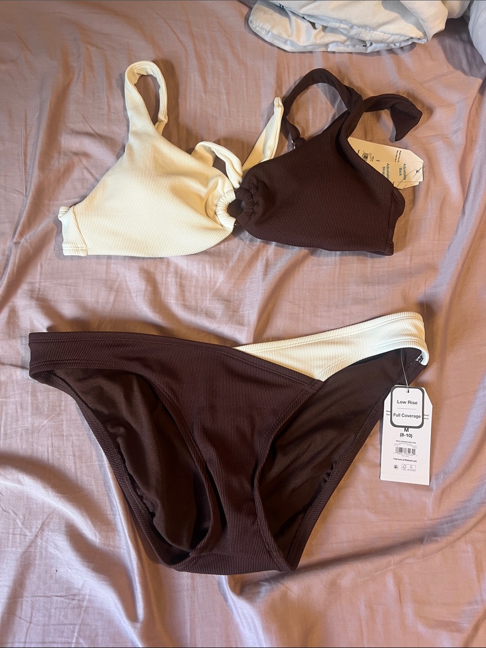 Two-Tone Brown & Cream Ribbed Bikini Set
